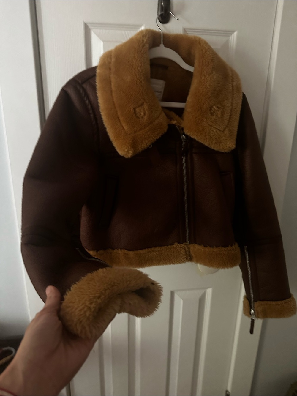 Avec Les Filles Brown Bomber Jacket with Tan Shearling Trim